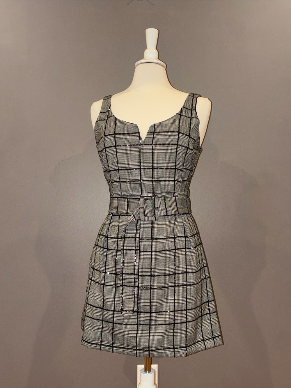 River Island Sparkle Plaid Sleeveless Belted Mini Dress